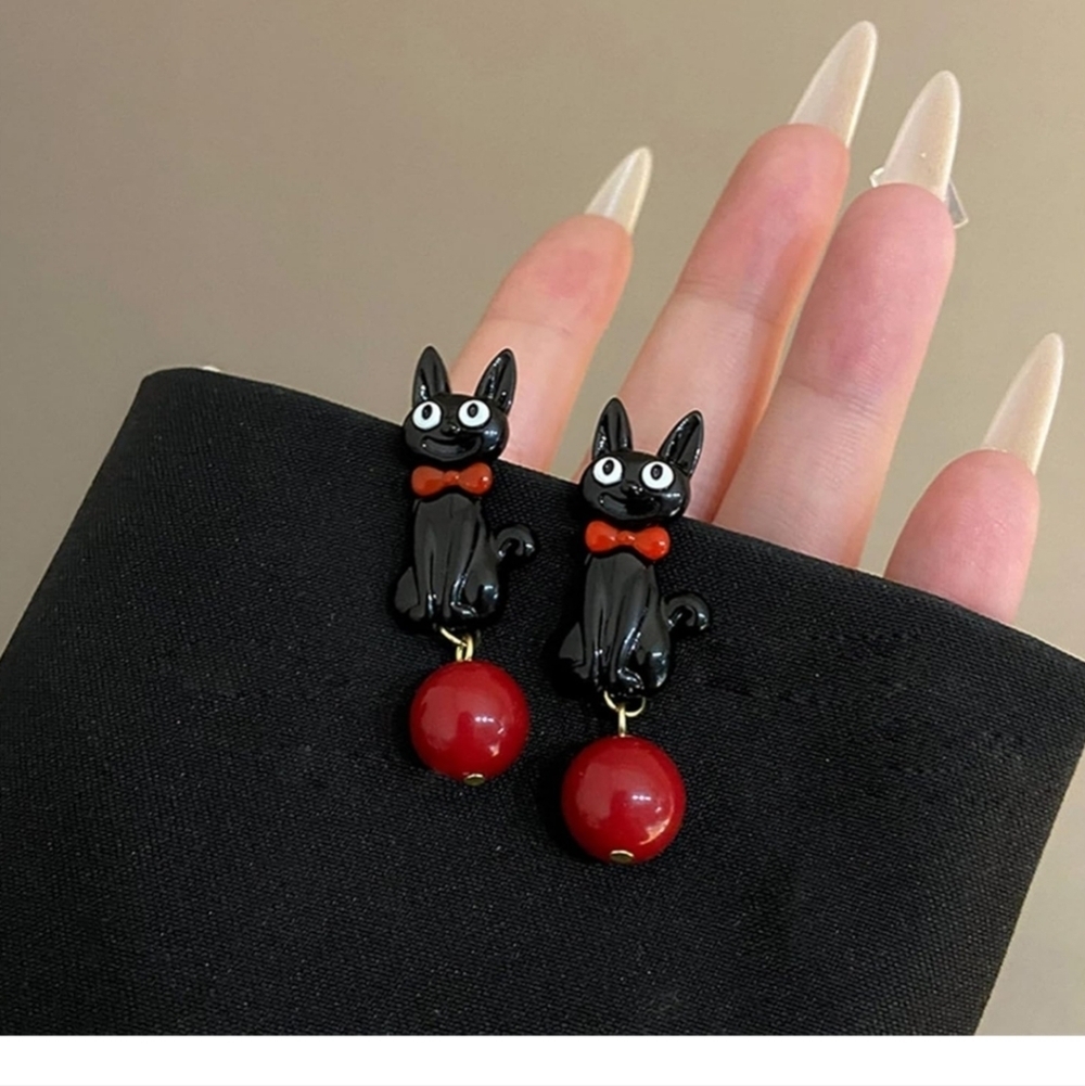 Black Cat Earrings with Red Accents